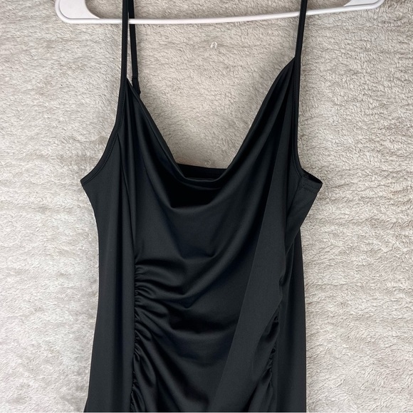 Slinky Black Ruched Dress Cowl Neck Maxi Medium Adjustable Spaghetti Straps - Picture 3 of 16